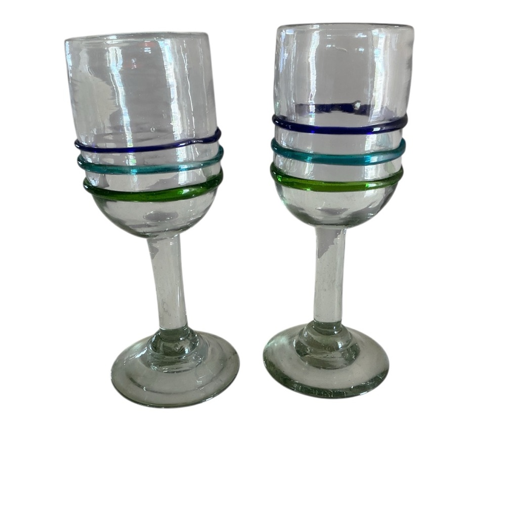 Vintage 2 hand blown goblets water vine glasses aqua turquoise blue green swirl